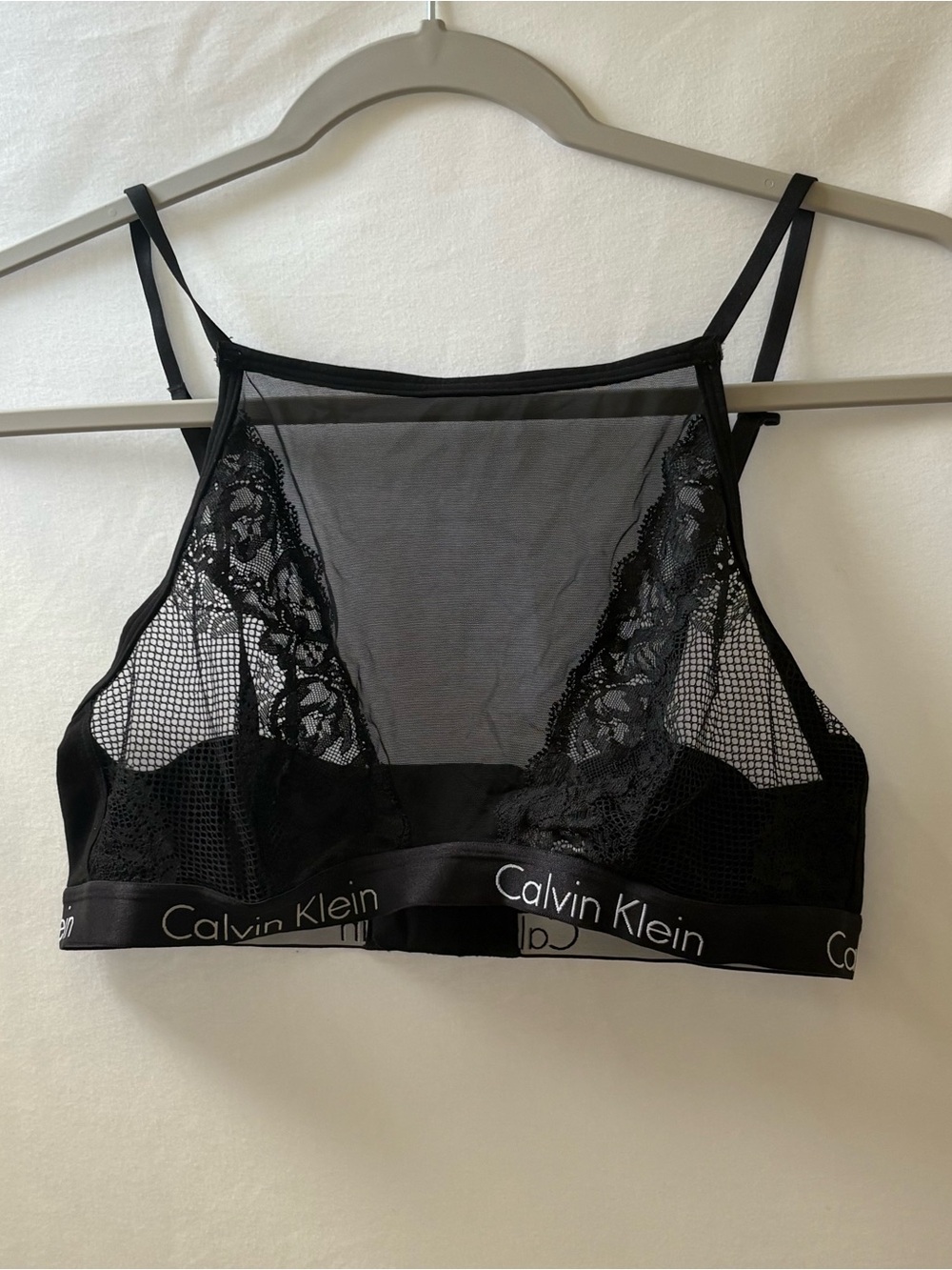 Calvin Klein Lace Mesh Bralette | Black Sheer Logo Band
